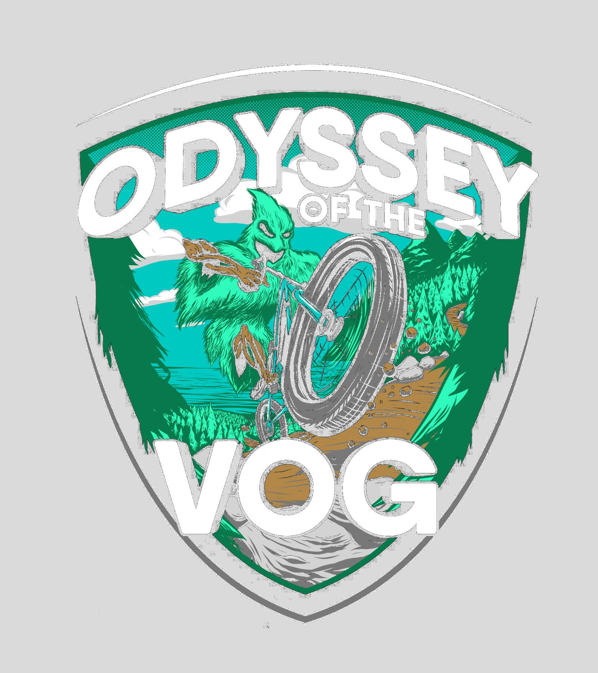 Odyssey of the VOG logo &mdash; a green sasquatch on a fat-tire bike inside a shield badge